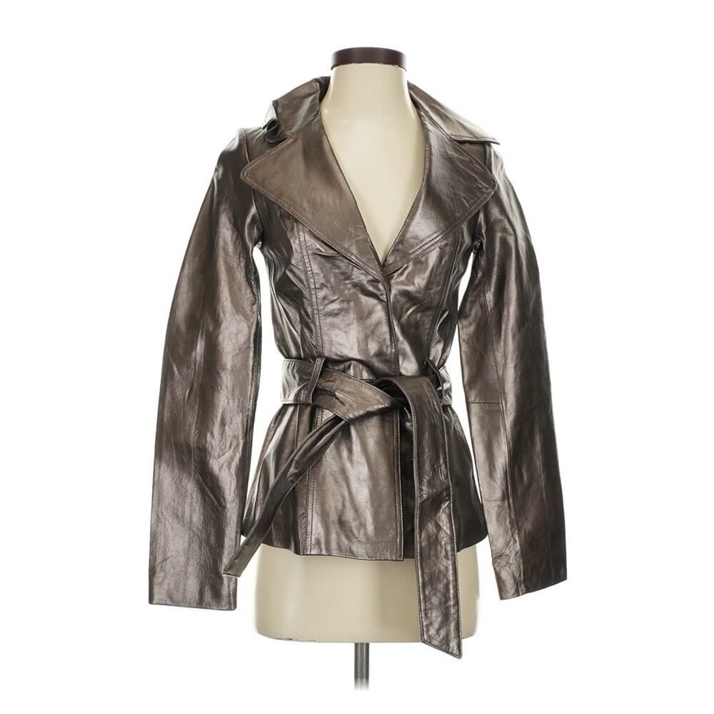Heart Moon Star Metallic Leather Jacket Silver Belted Moto Jacket S